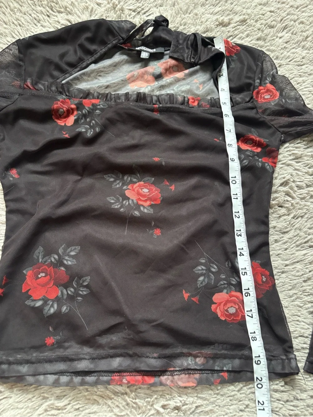 Missguided + Black Sheer Mesh Long-Sleeve Top with Red Rose Print size 4